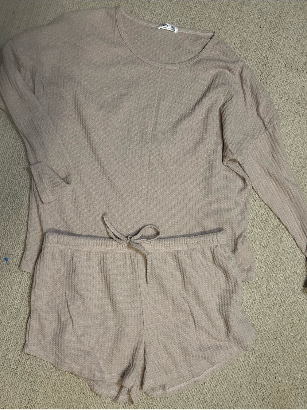 Ekouaer Waffle Knit 2 piece Pajama Lounge Set Beige CL EUC